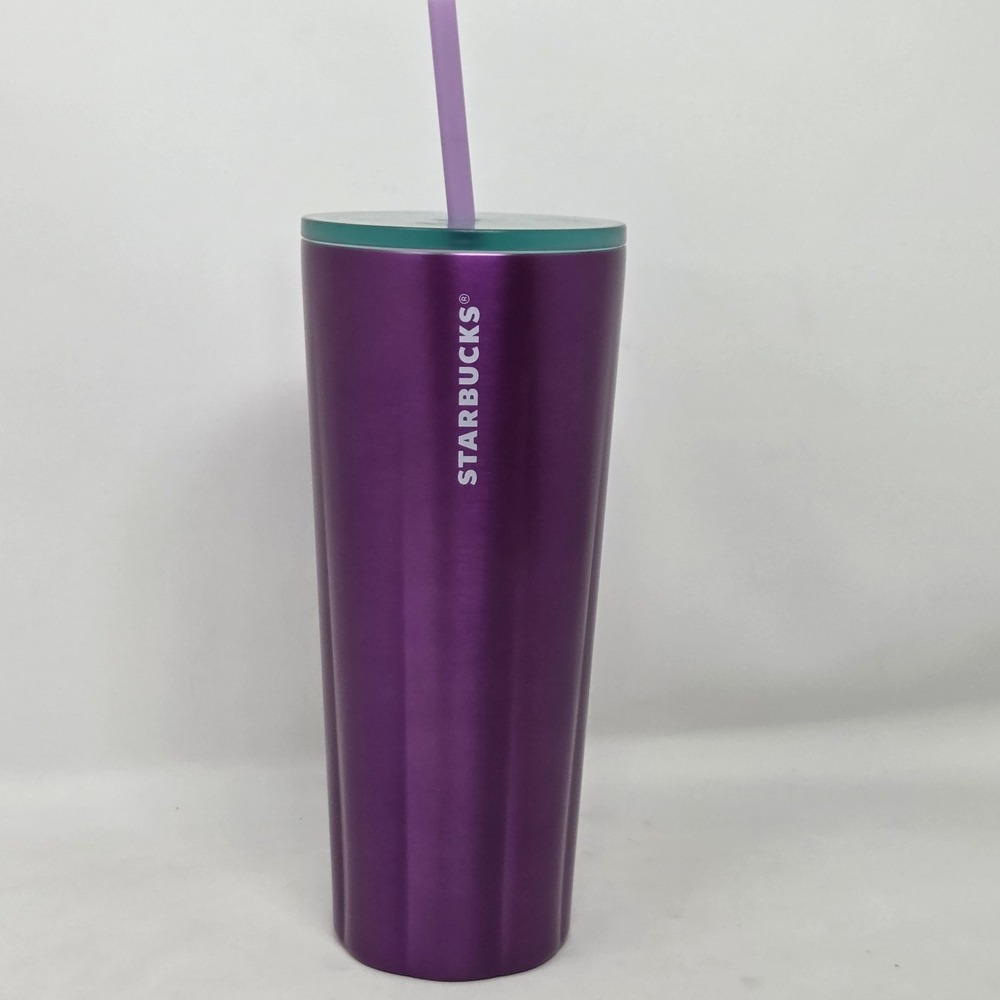 NEW‎ Starbucks 2022 Valentine's Purple Puffy 24 oz Stainless Steel Tumbler Straw